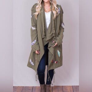 Olive Green Feather Embroidered Jacket